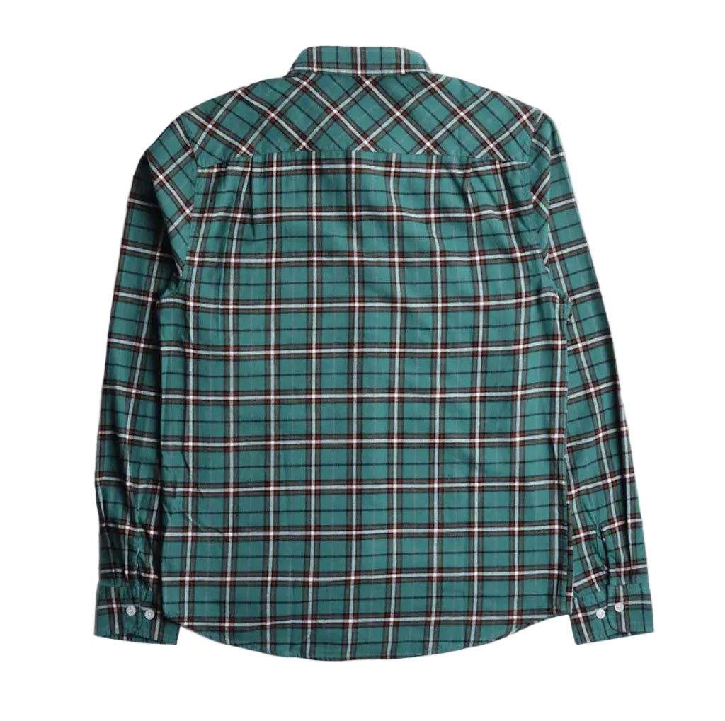 A green plaid long-sleeve button-down shirt shown from the back, laid flat against a white background.