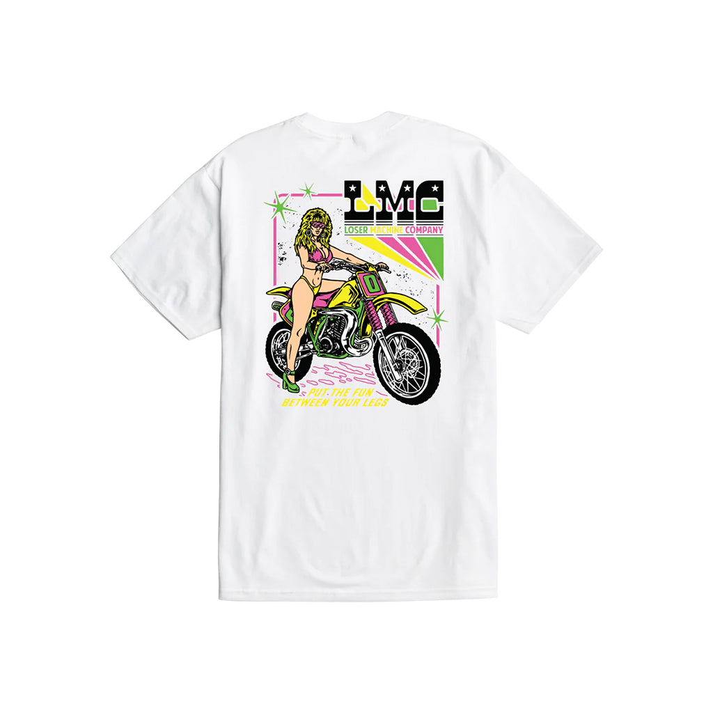 White t-shirt with a colorful graphic of a woman on a motorcycle and 'LMC' branding.