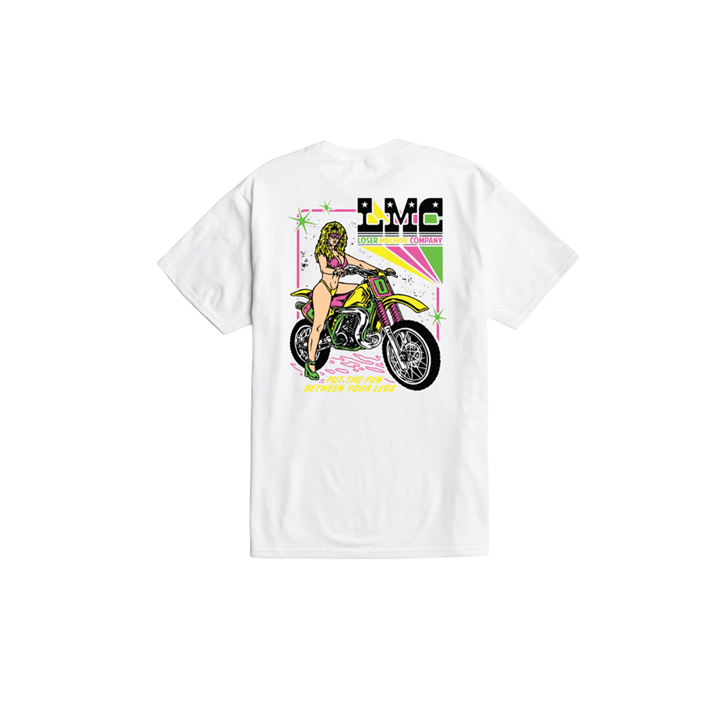 White t-shirt with a graphic of a woman on a motorcycle and 'JMC' branding on a white background