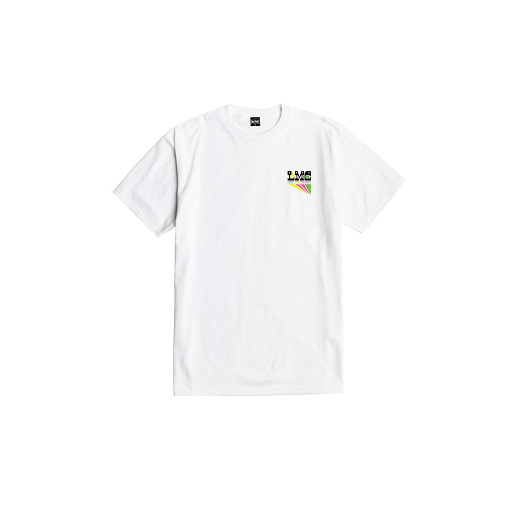 White t-shirt with a colorful logo on the chest against a white background