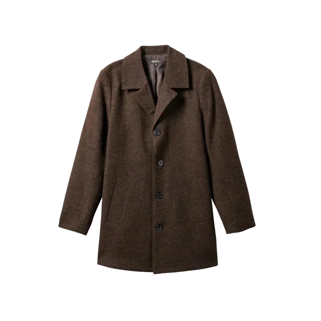 A dark brown wool-blend coat with a notch lapel and three front buttons, shown flat against a light gray background.