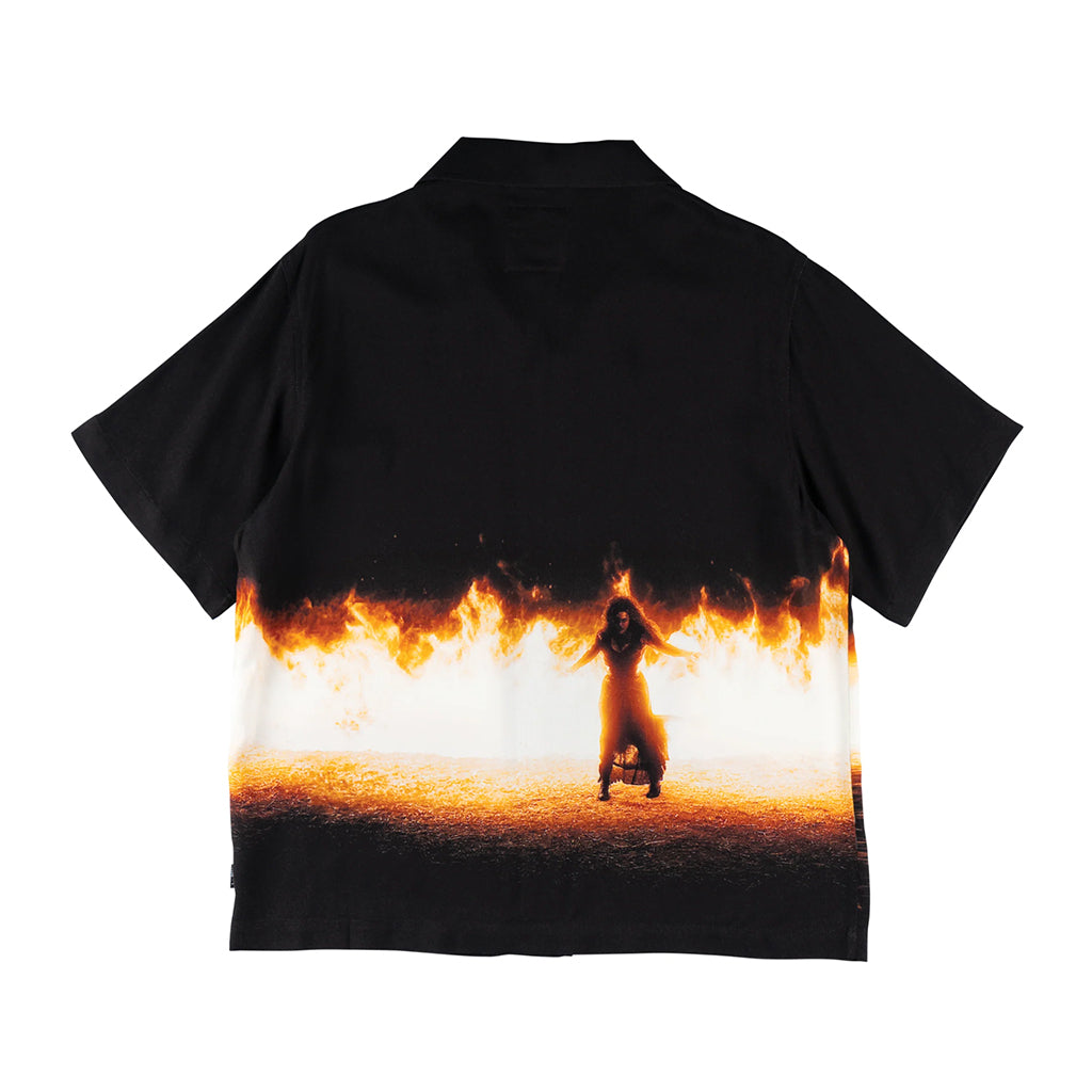 Black shirt with a graphic of a person in flames on a white background