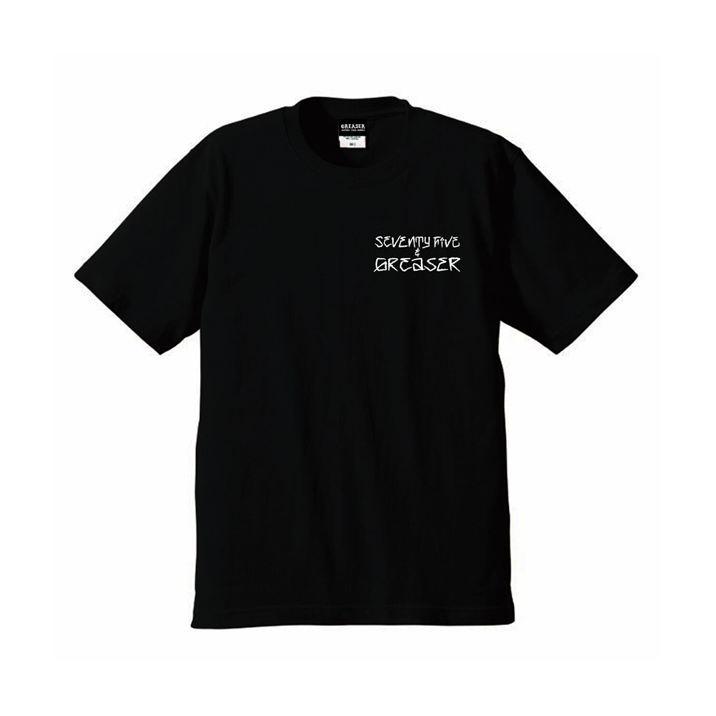 A black short-sleeve crewneck t-shirt with the words 'SEVENTY FIVE BREASHER' printed in a stylized white font on the left chest, displayed against a solid white background.