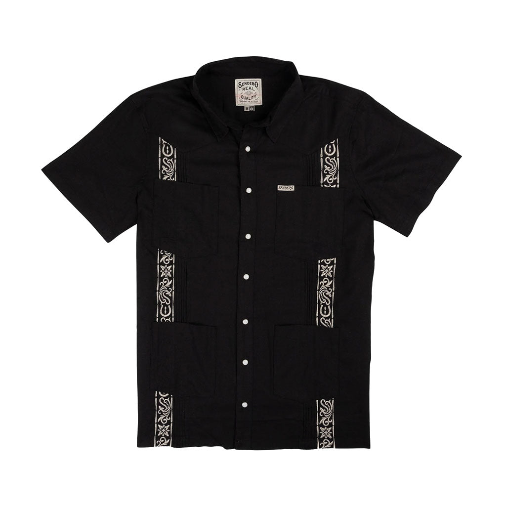 Black short-sleeve shirt with white embroidery on a white background