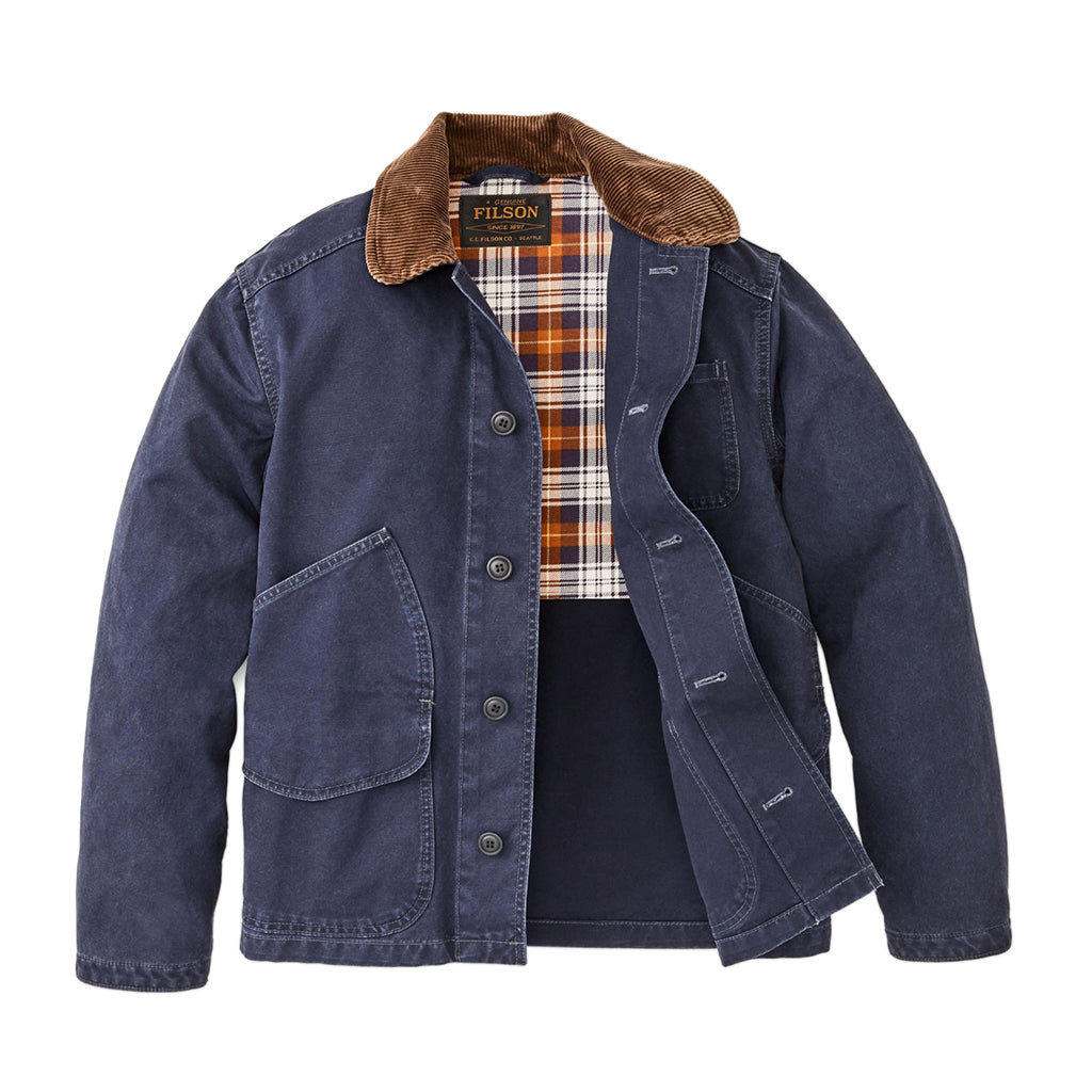 Blue jacket with plaid lining on a white background