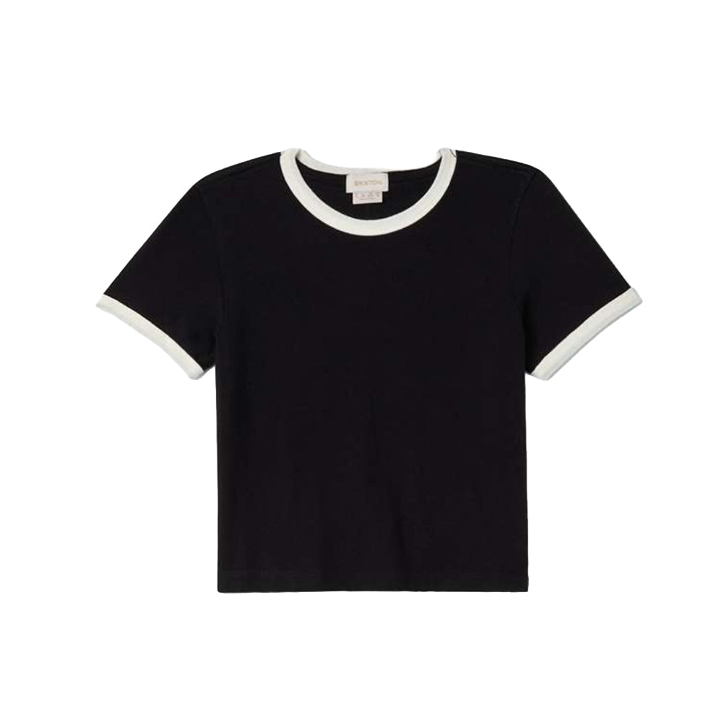 Black t-shirt with white trim on a white background