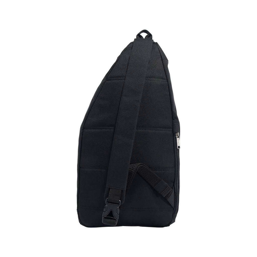 Black sling bag on a white background