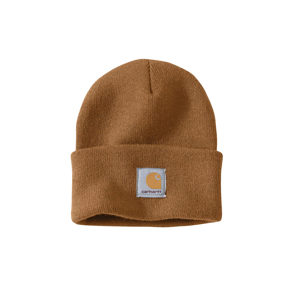 Brown knit beanie with Carhartt logo on a white background