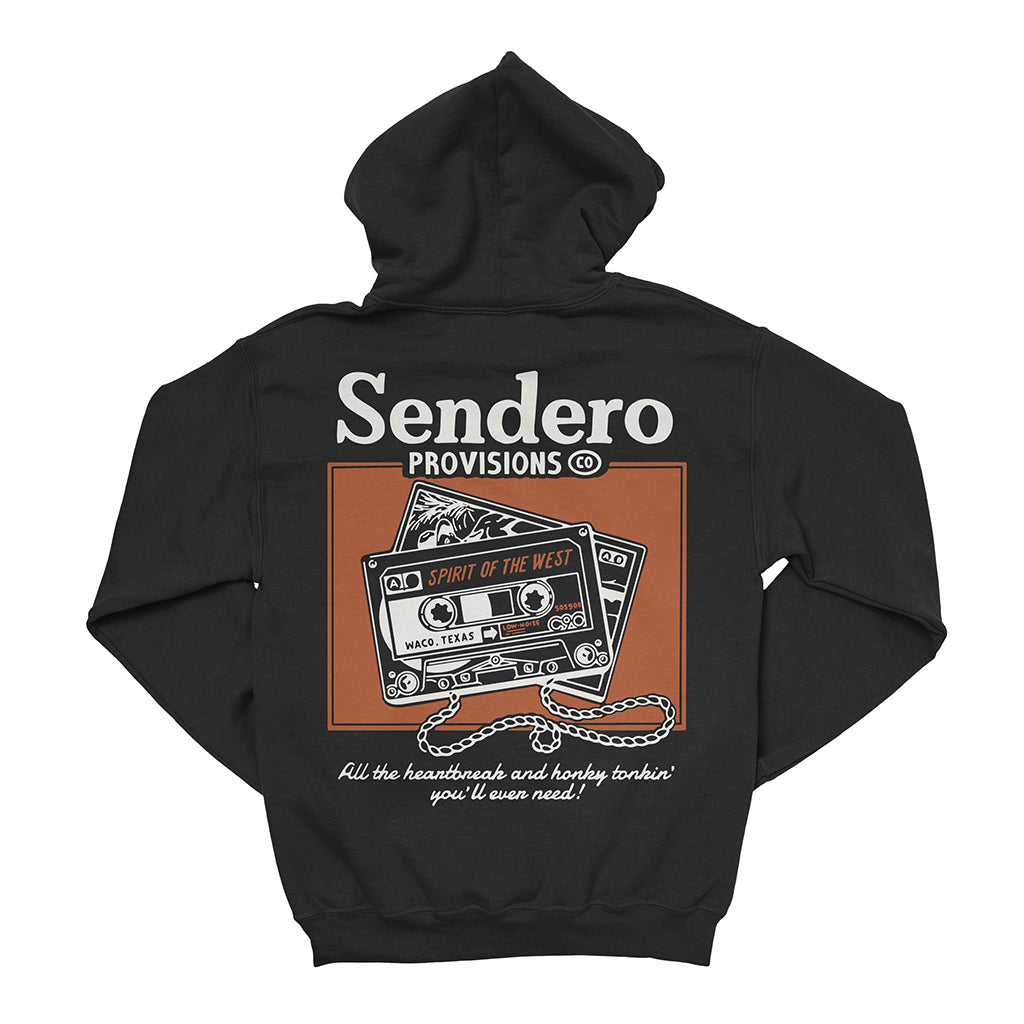 Black hoodie with Sendero Provisions graphic on the back