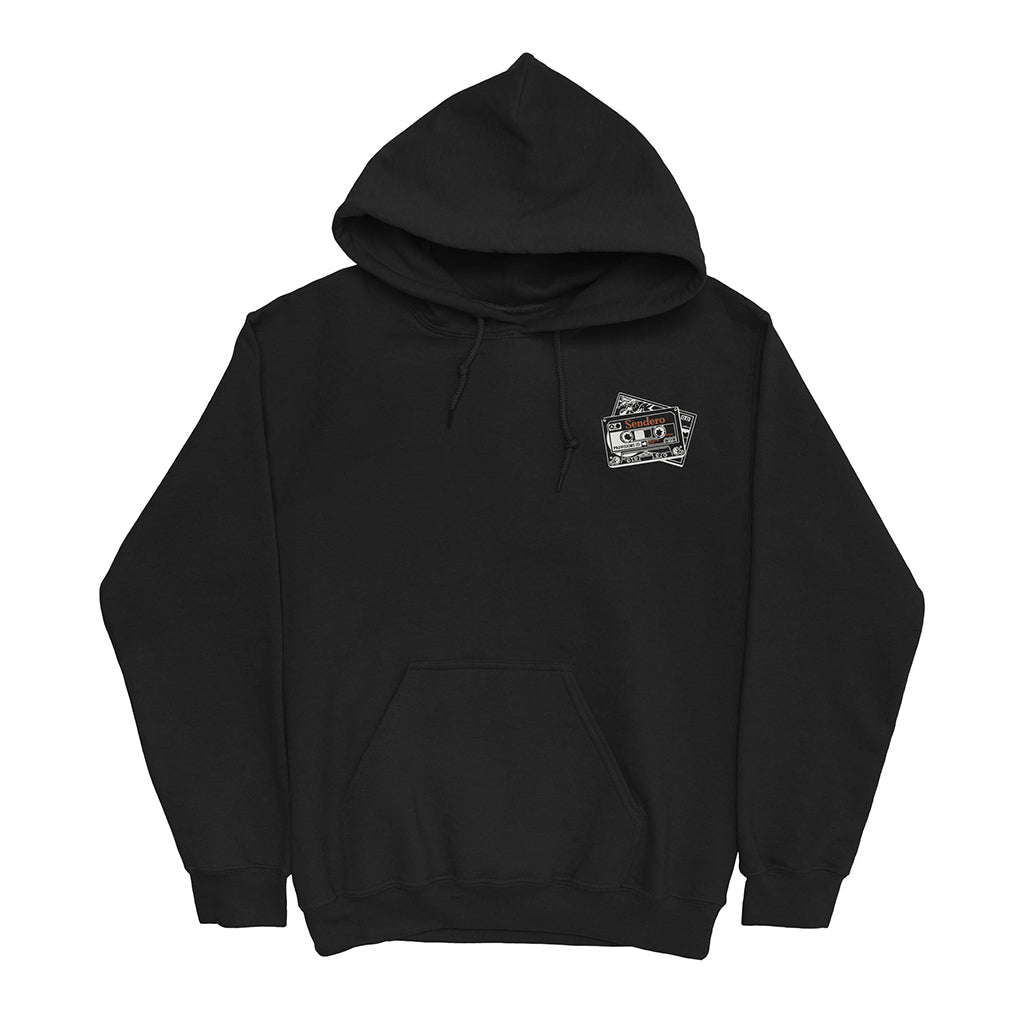 Black hoodie with a small graphic on the chest against a white background