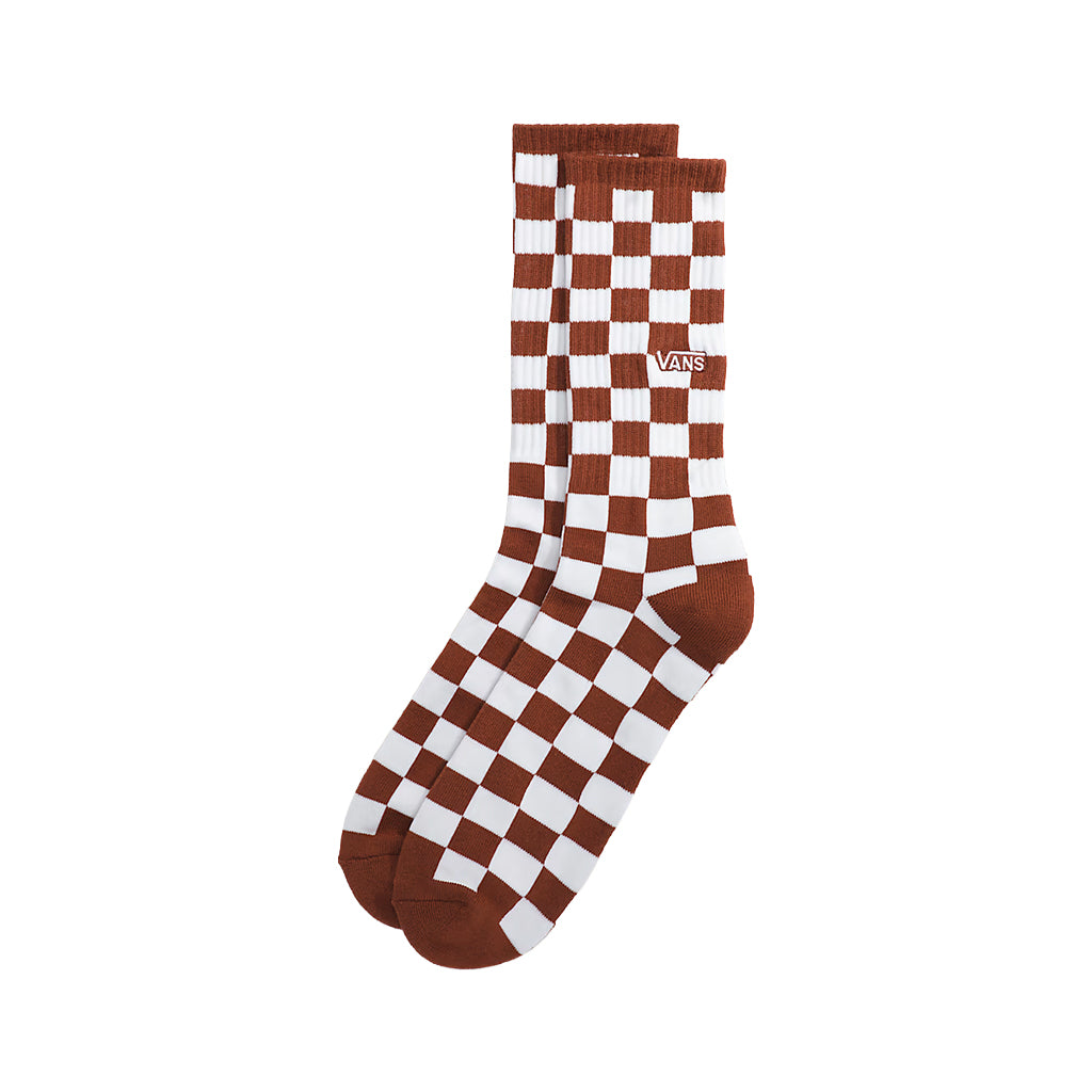 Checkered socks with brown and white pattern on a white background