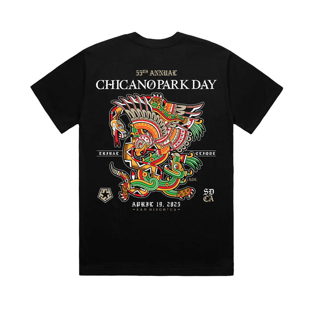 Black t-shirt with colorful graphic design and text on a white background