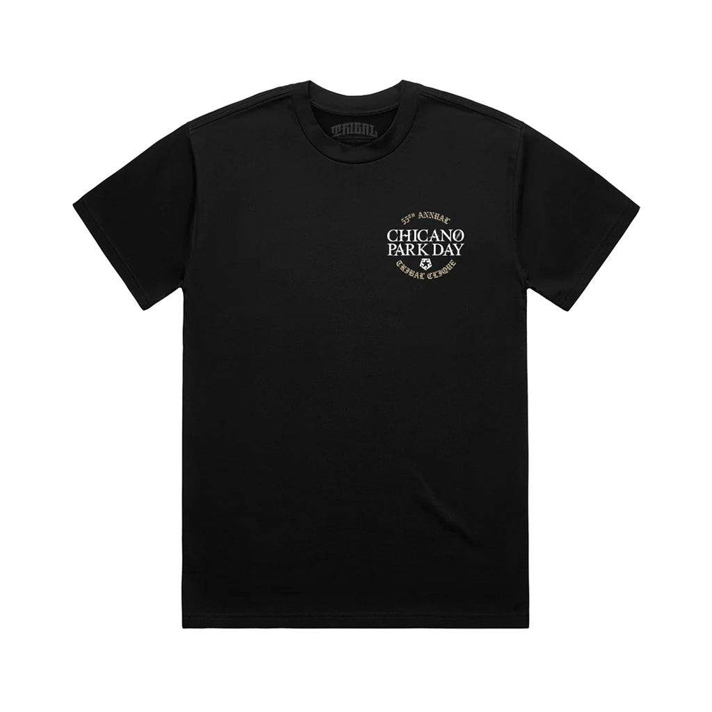 Black t-shirt with white text on a white background