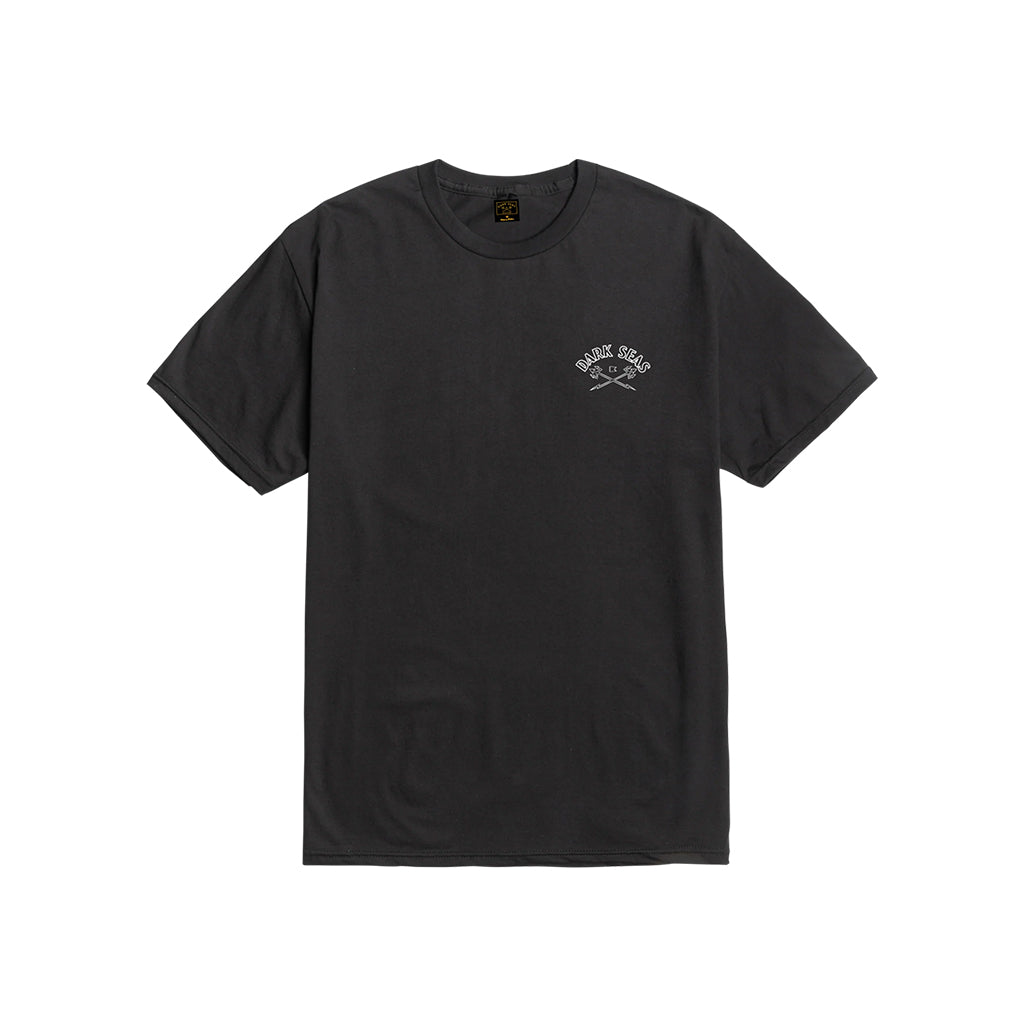 Black t-shirt with a logo on a white background