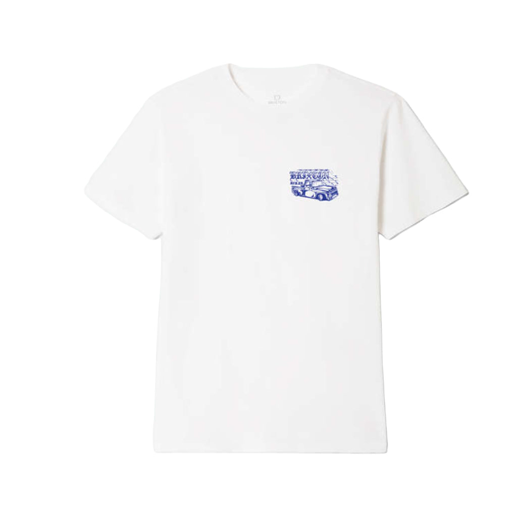 White t-shirt with a blue graphic on a white background