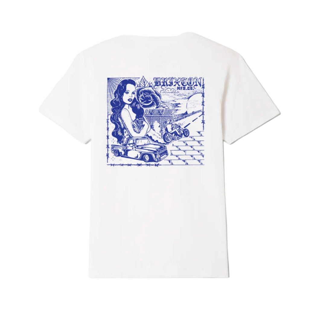 White t-shirt with blue graphic design on a white background