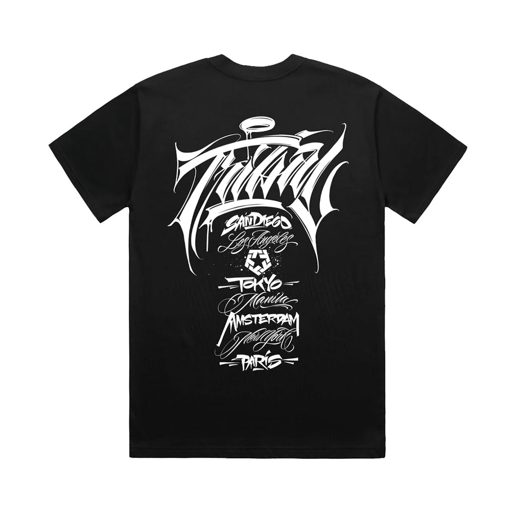 Black t-shirt with white graphic design on a white background