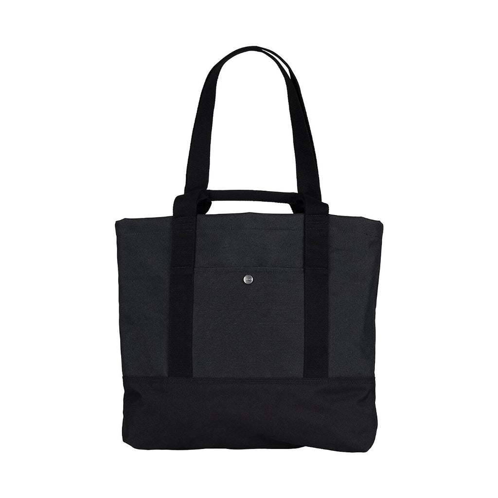 Black tote bag with a visible brand logo on a white background