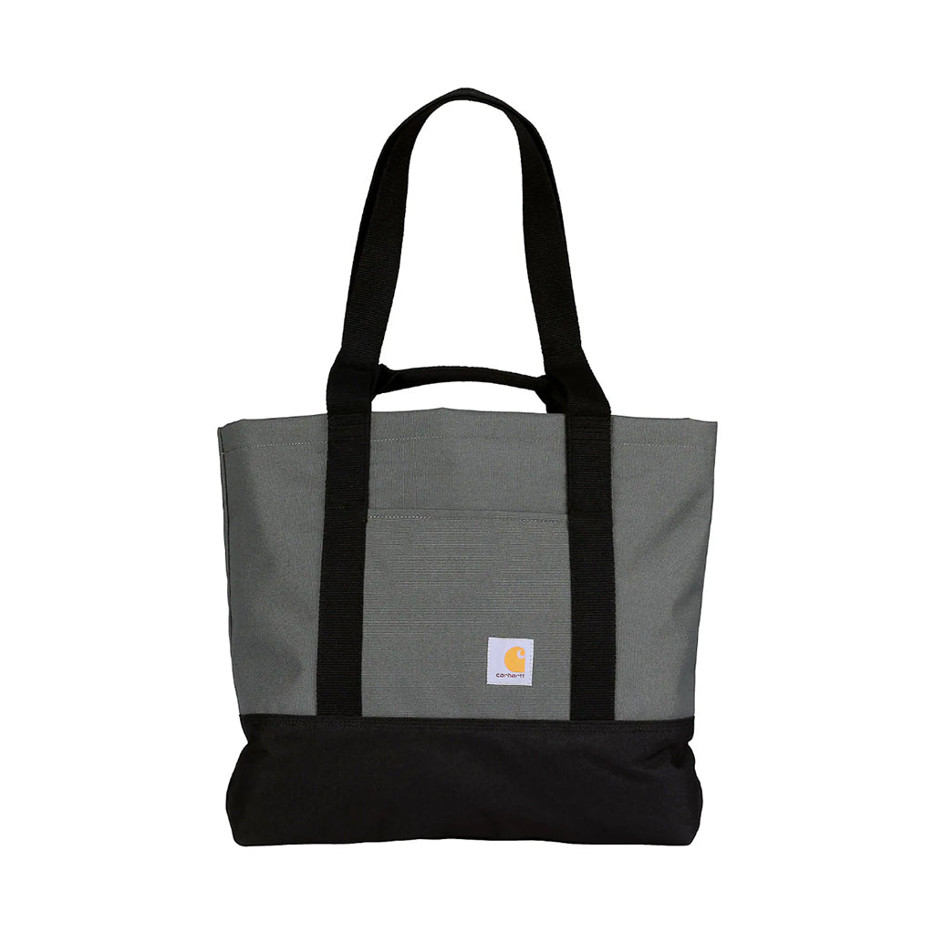 Gray and black tote bag with a visible brand logo on a white background
