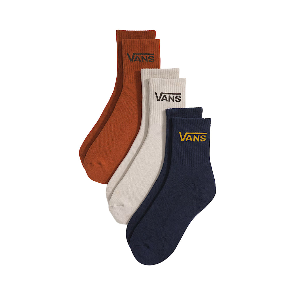 Three pairs of Vans socks in brown, white, and navy on a white background