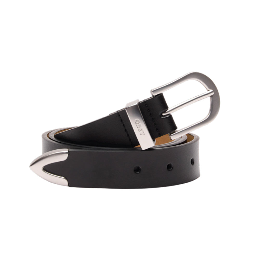 Black leather obey belt with a debossed logo metal buckle on a white background