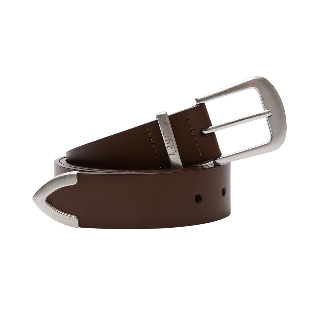 Brown leather belt with silver buckle on a white background