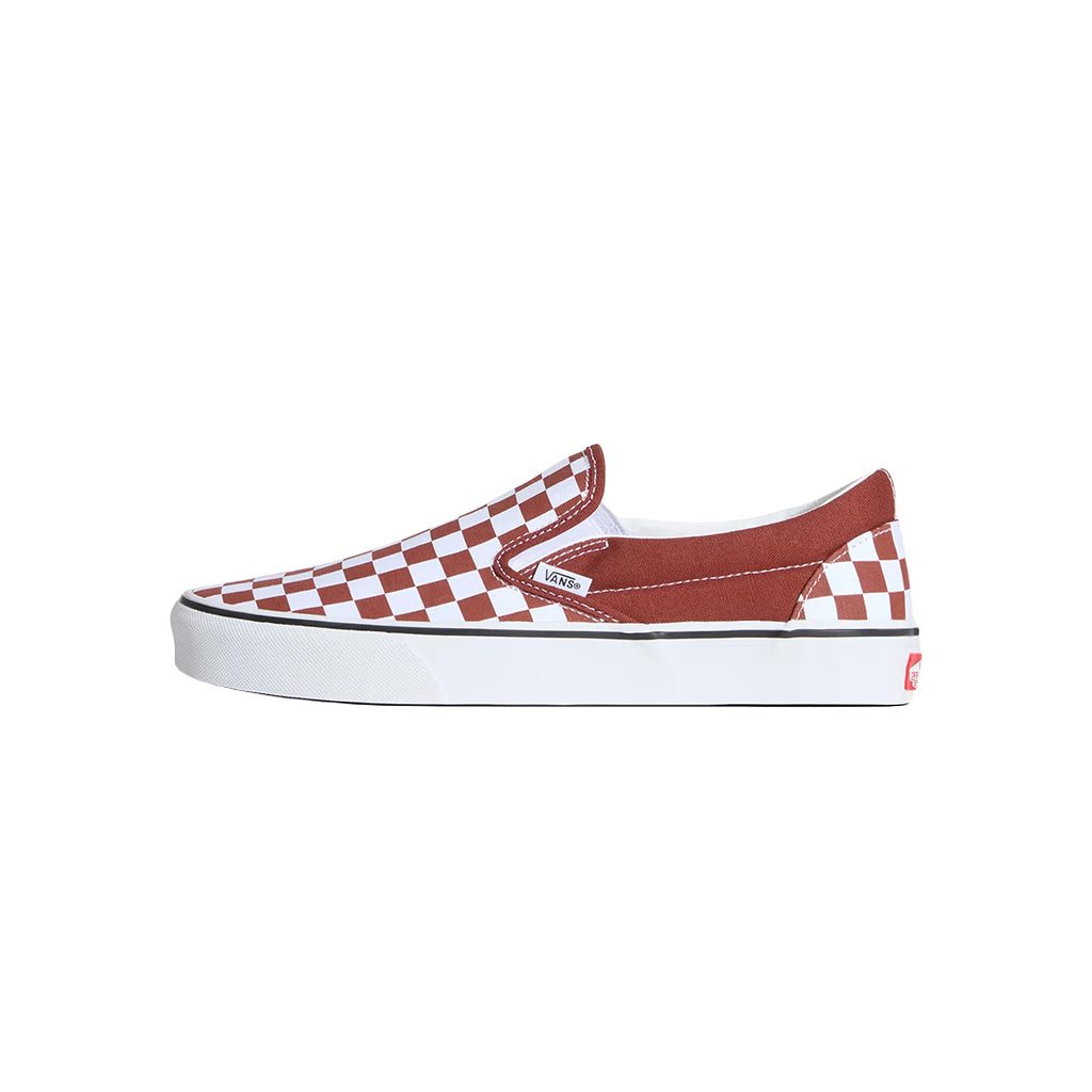 Checkerboard patterned slip-on shoe on a white background