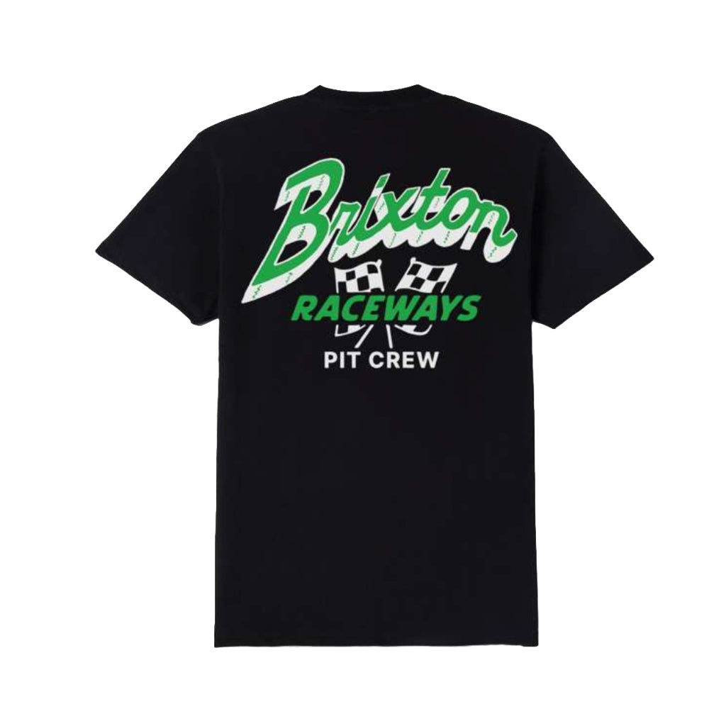 Black t-shirt with green and white text and graphics on a white background