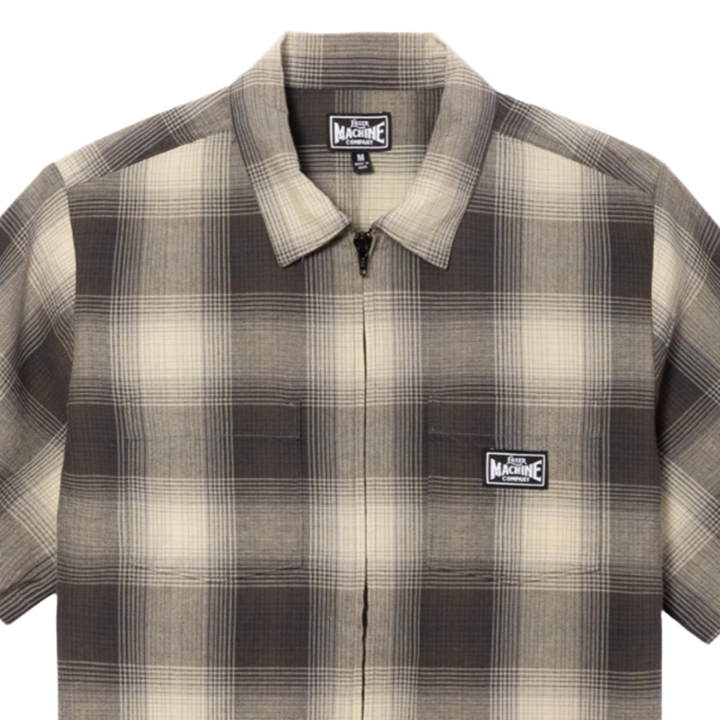 Plaid shirt with brand logos on a white background