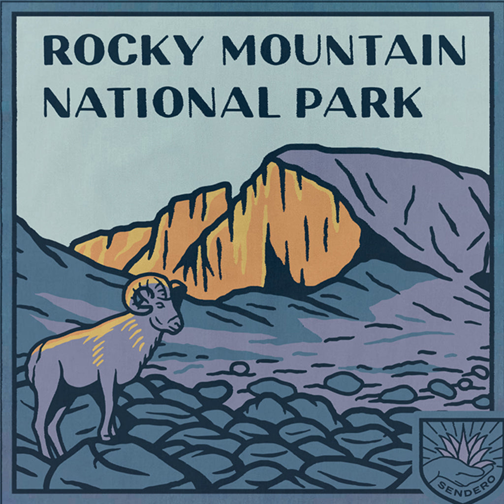 Illustration of a mountain goat and rocky landscape with 'Rocky Mountain National Park' text.