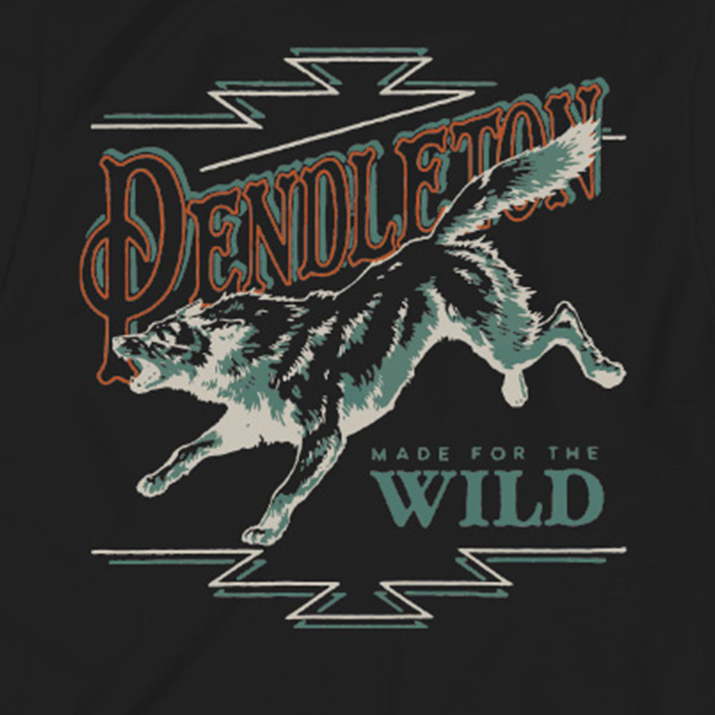 Black t-shirt with a wolf graphic and 'Pendleton Made for the Wild' text on a black background