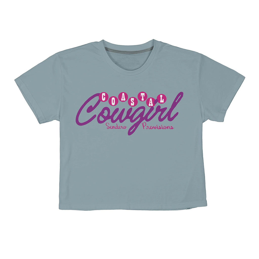 Light blue t-shirt with 'Coastal Cowgirl' text in purple on a white background