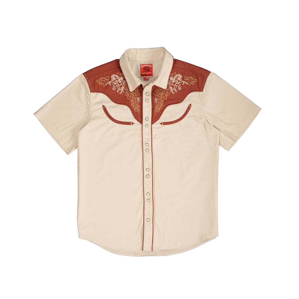 Beige short-sleeve shirt with red embroidered details on a white background