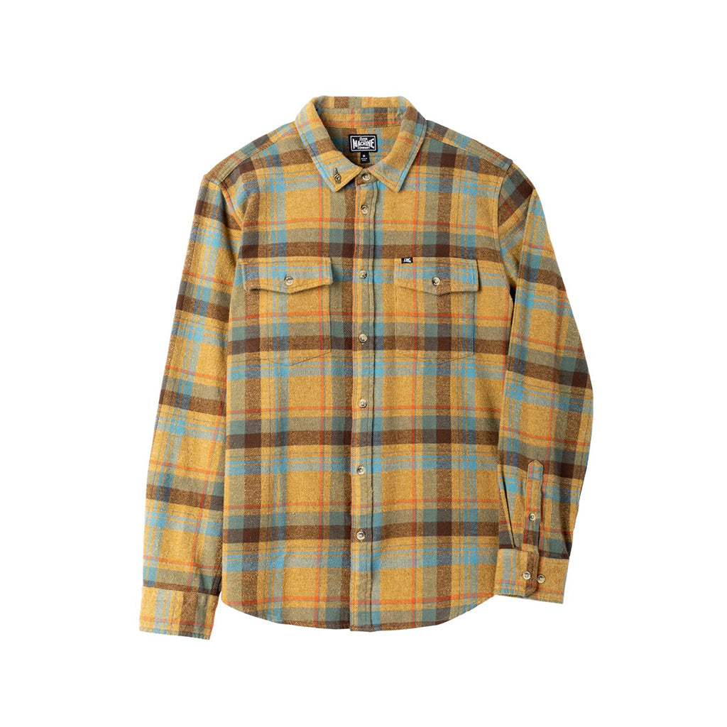 Plaid shirt with yellow, brown, and blue pattern on a white background