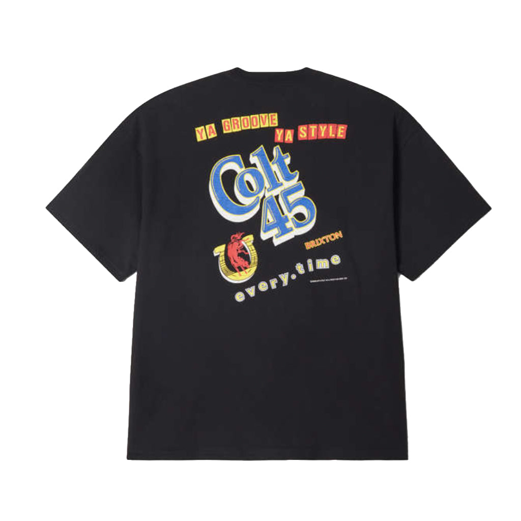 Black t-shirt with colorful Colt 45 graphic design on the back on a white background
