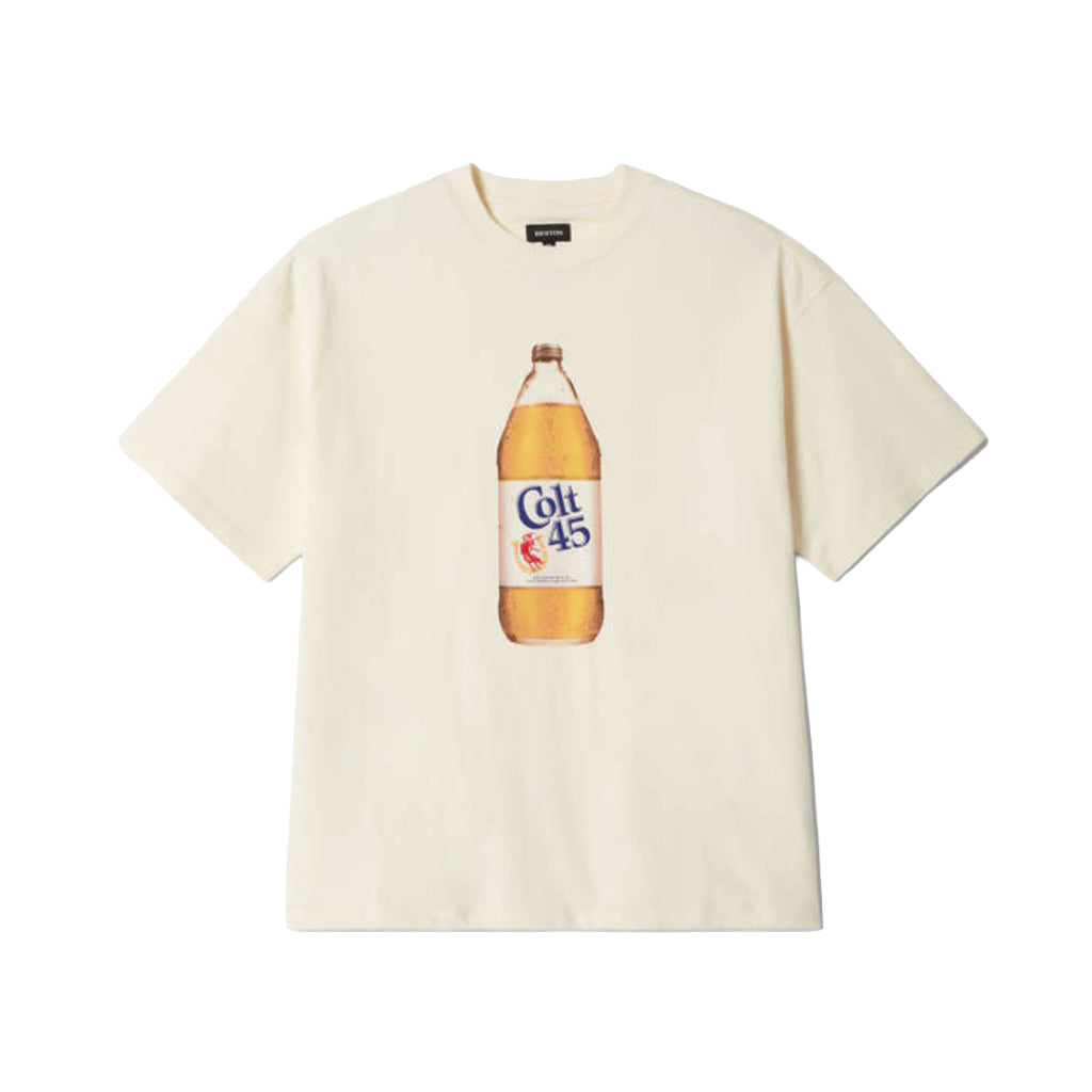 Beige t-shirt with a bottle graphic on a white background