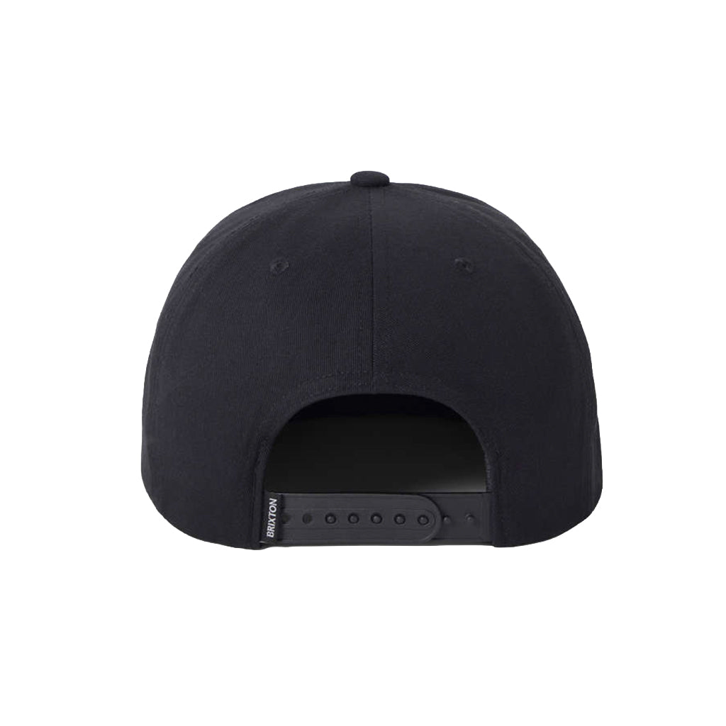 Black cap with a brand logo on the back against a white background