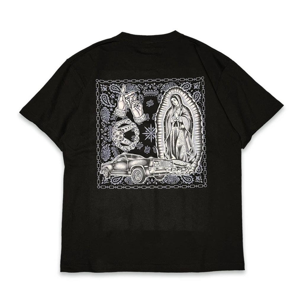 Black t-shirt with white graphic design on a white background