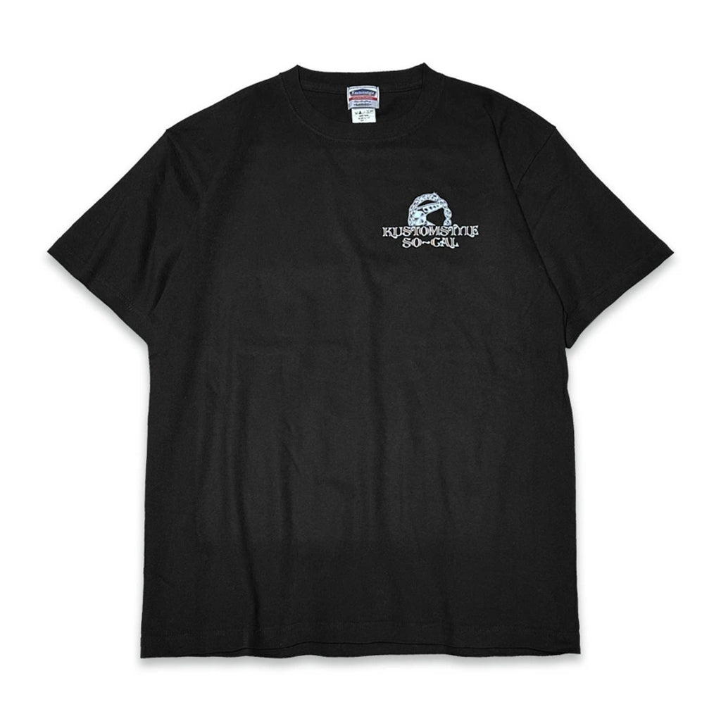 Black t-shirt with a logo and text on a white background