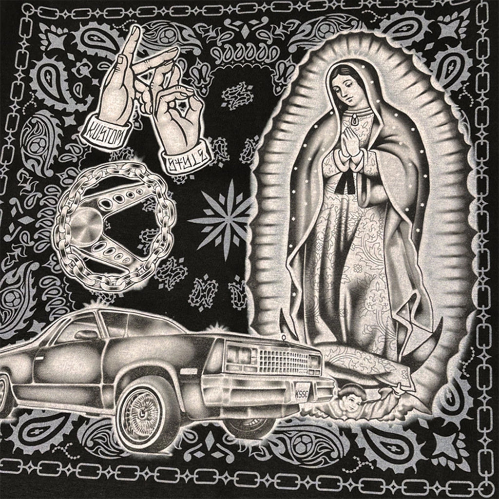 Black and white illustration with a car, hands, and a religious figure on a patterned background