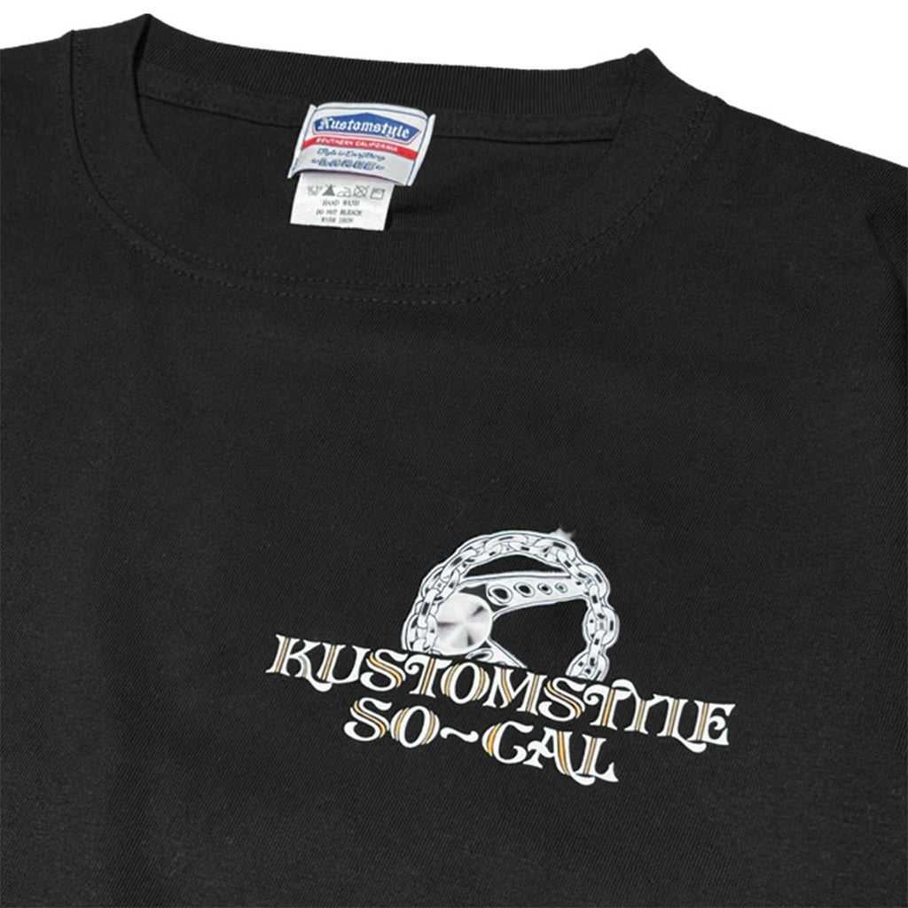 Black t-shirt with white graphic design and 'Kustom Style So Cal' text, featuring a Parachute brand label.