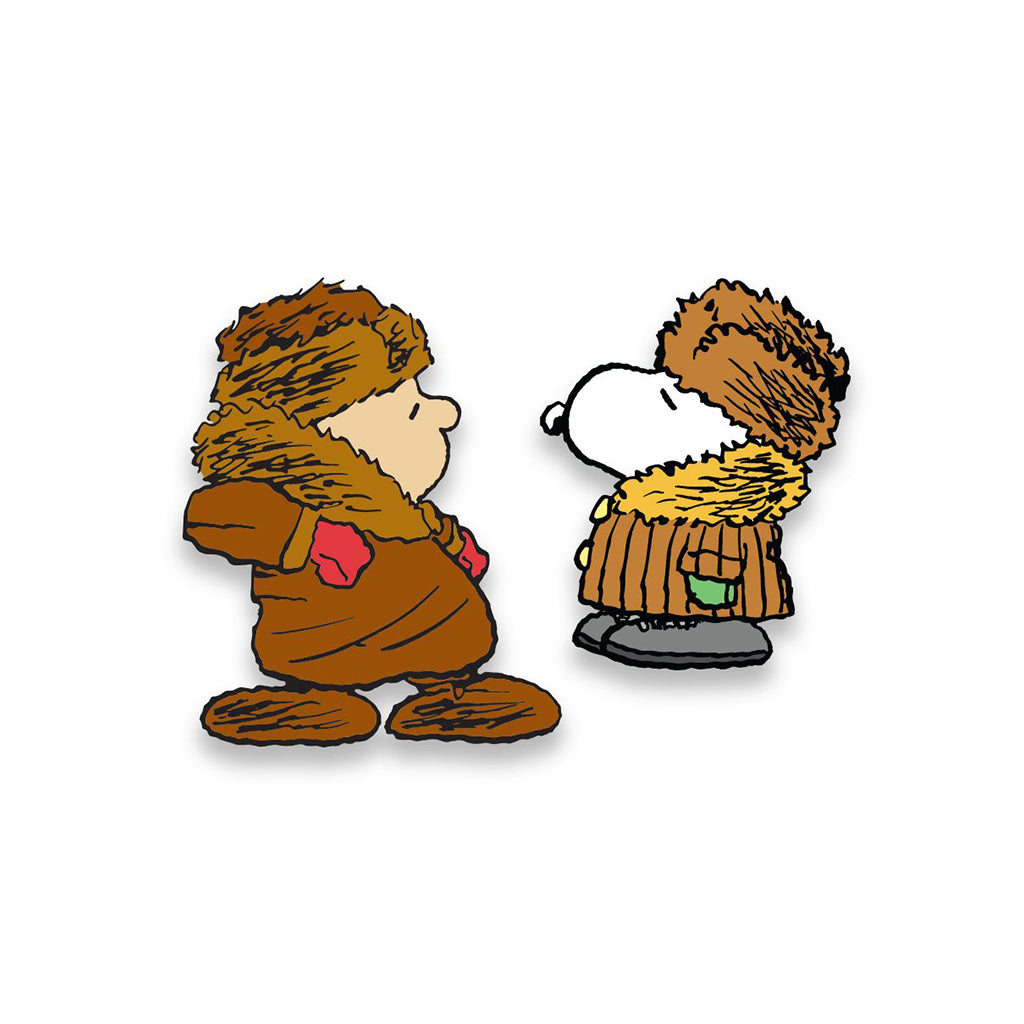 Charlie Brown and Snoopy in winter clothing on a white background