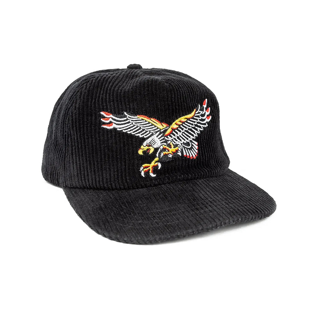 Black corduroy cap with an embroidered eagle design on a white background