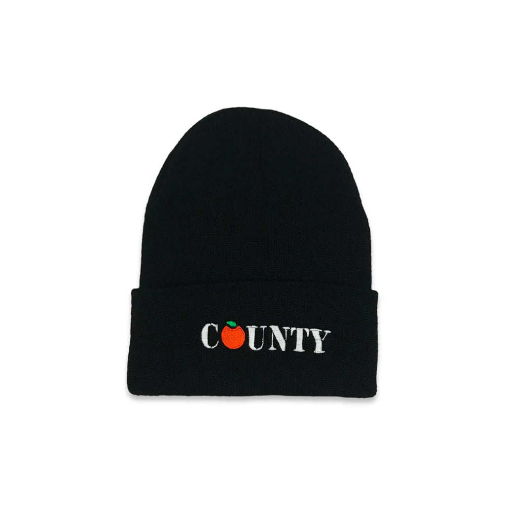 Black beanie with the County Project embroidered on the cuff on a white background
