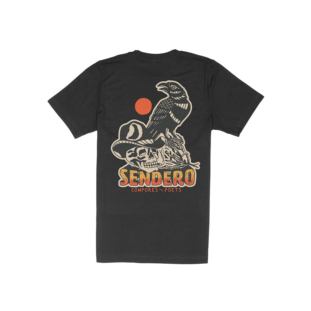Black t-shirt withSendero logo and design on a white background