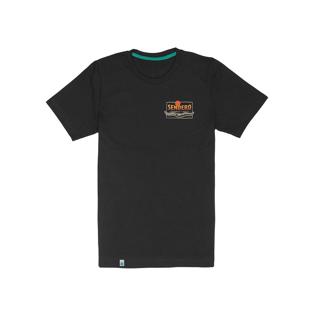 Black t-shirt with a logo on the chest against a white background