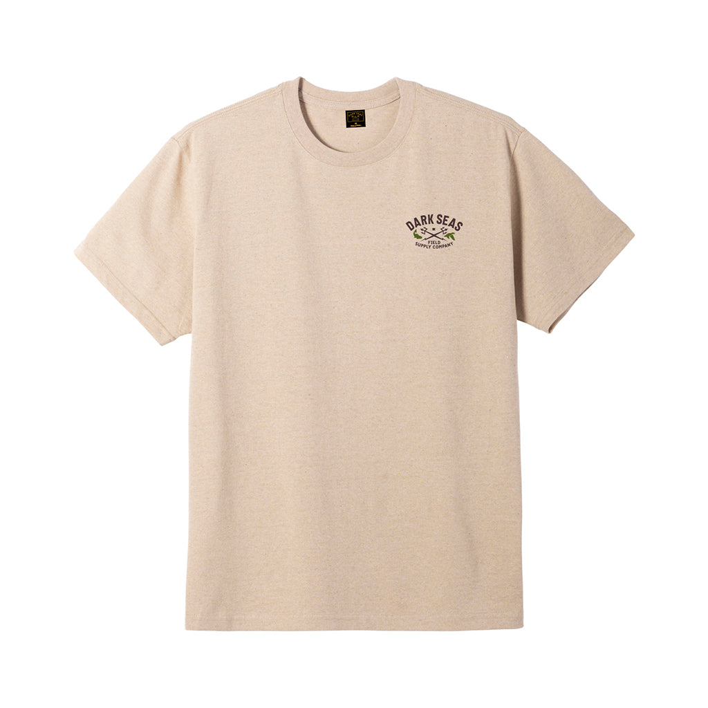 Beige t-shirt with a logo on the chest against a white background