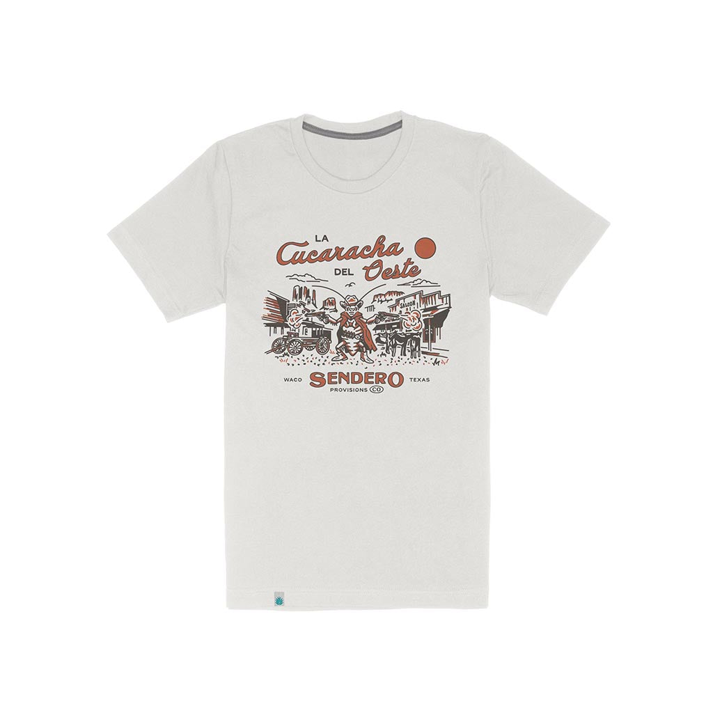 White t-shirt with graphic design and text on a white background