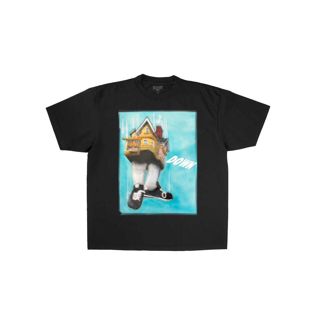 Black t-shirt with a graphic of a house and text on a white background