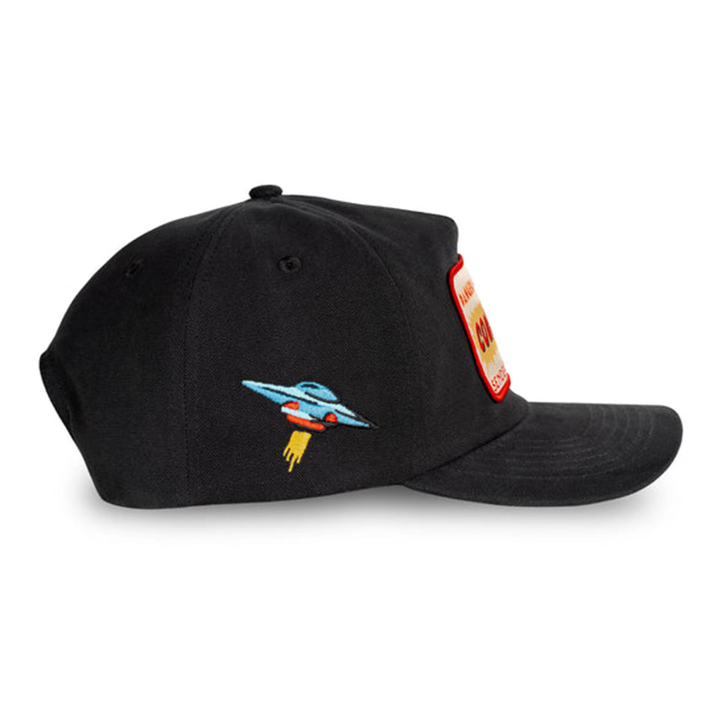 Black cap with a rocket design and brand tag on a white background
